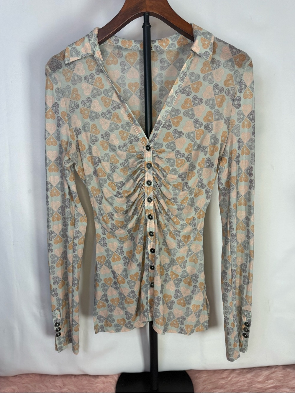 Free People - Lucky Shirtee Button-Up in Grey Retro Hearts Mesh Top - Size S